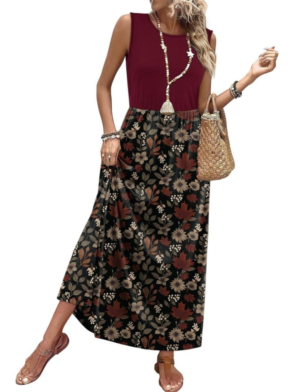 Women Floral Burgundy Pull On A Line Sleeveless Sundresses Pockets Maxi Dresses